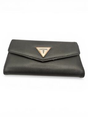 GUESS Black Faux Leather Wallet Tri-Fold Snap Closure Card Holder Zip Pocket